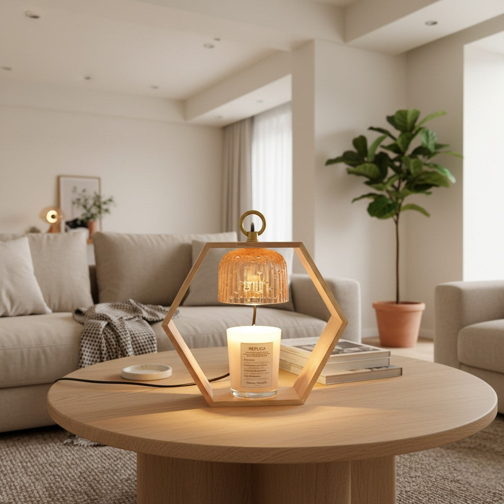 Decorative candle holder with a lit candle on a wooden coffee table in a living room.
