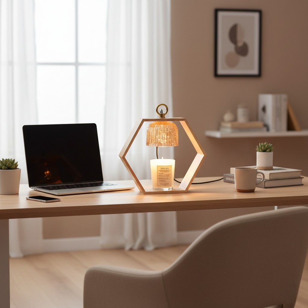 Modern home office with a desk, laptop, lamp, and decor items.
