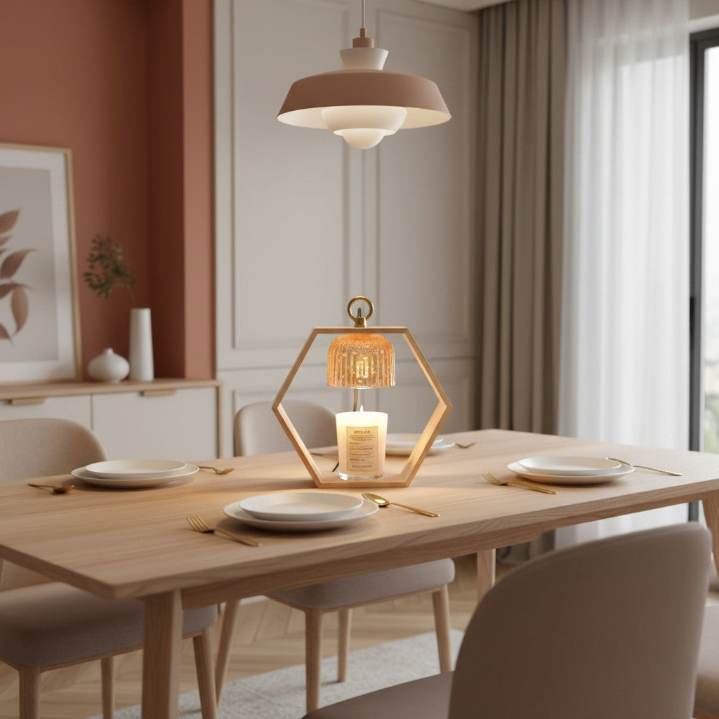Dining room with a wooden table set for four, a pendant light, and a candle.