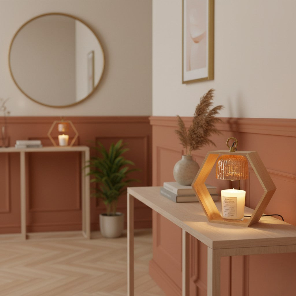 Decorative interior setting with a table, mirror, and candles in a warm-toned room.