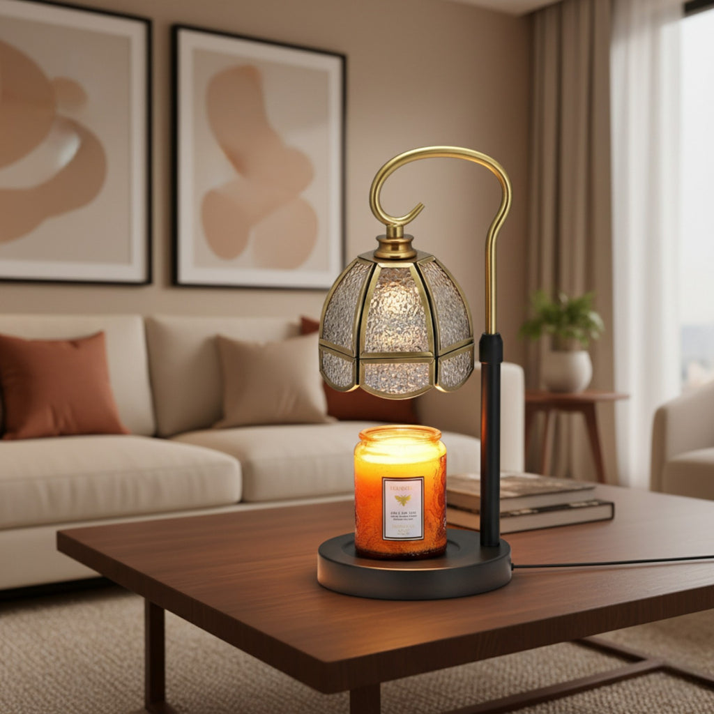 Decorative lamp with candle on a coffee table in a living room setting