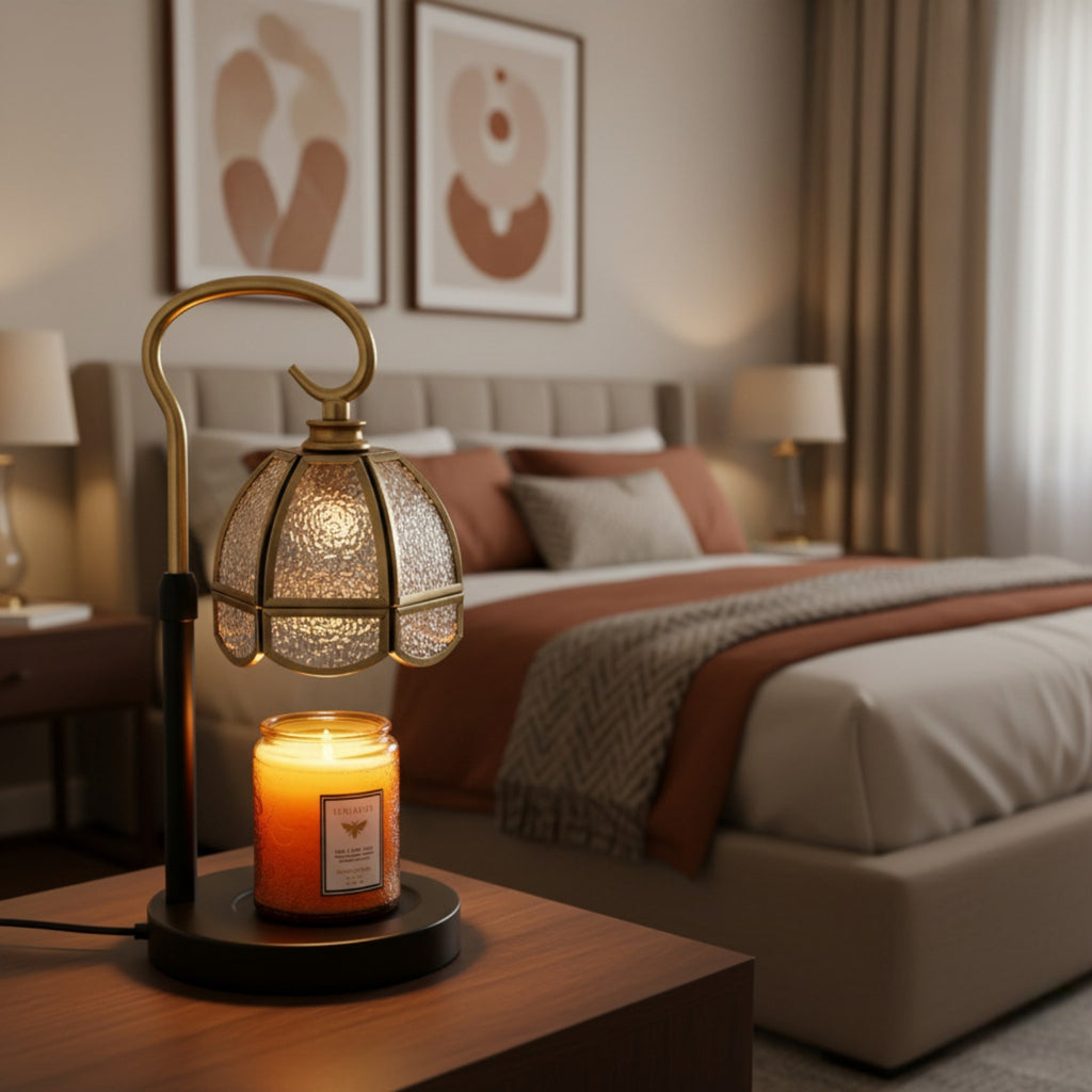 Decorative lamp with candle on a nightstand in a bedroom setting