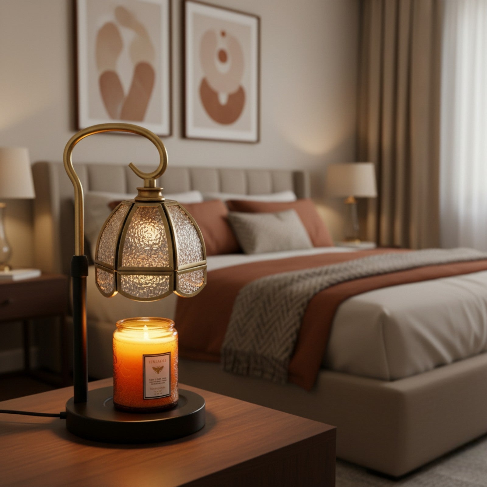 Decorative lamp with candle on a nightstand in a bedroom setting