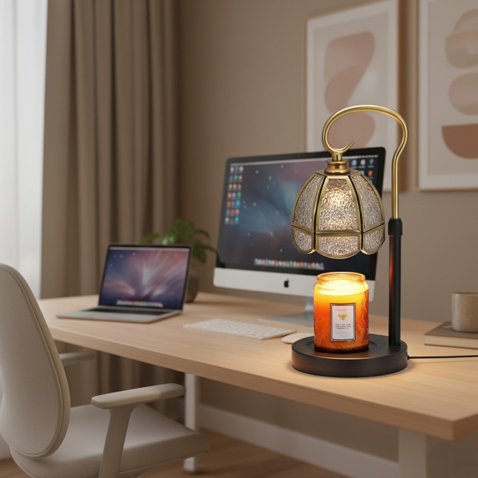 Decorative lamp with a candle on a desk in a home office setting