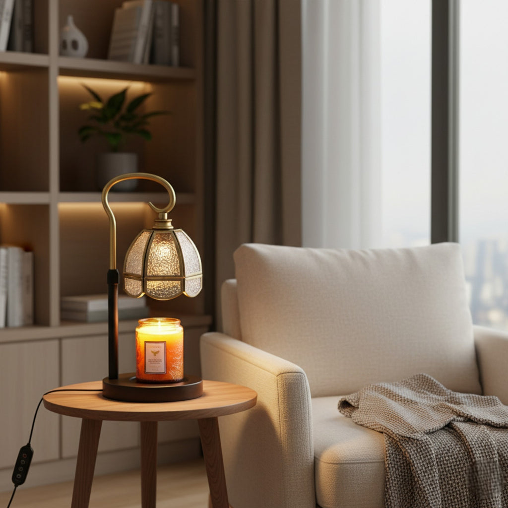 Decorative lamp with candle on a side table next to a cozy armchair in a living room.