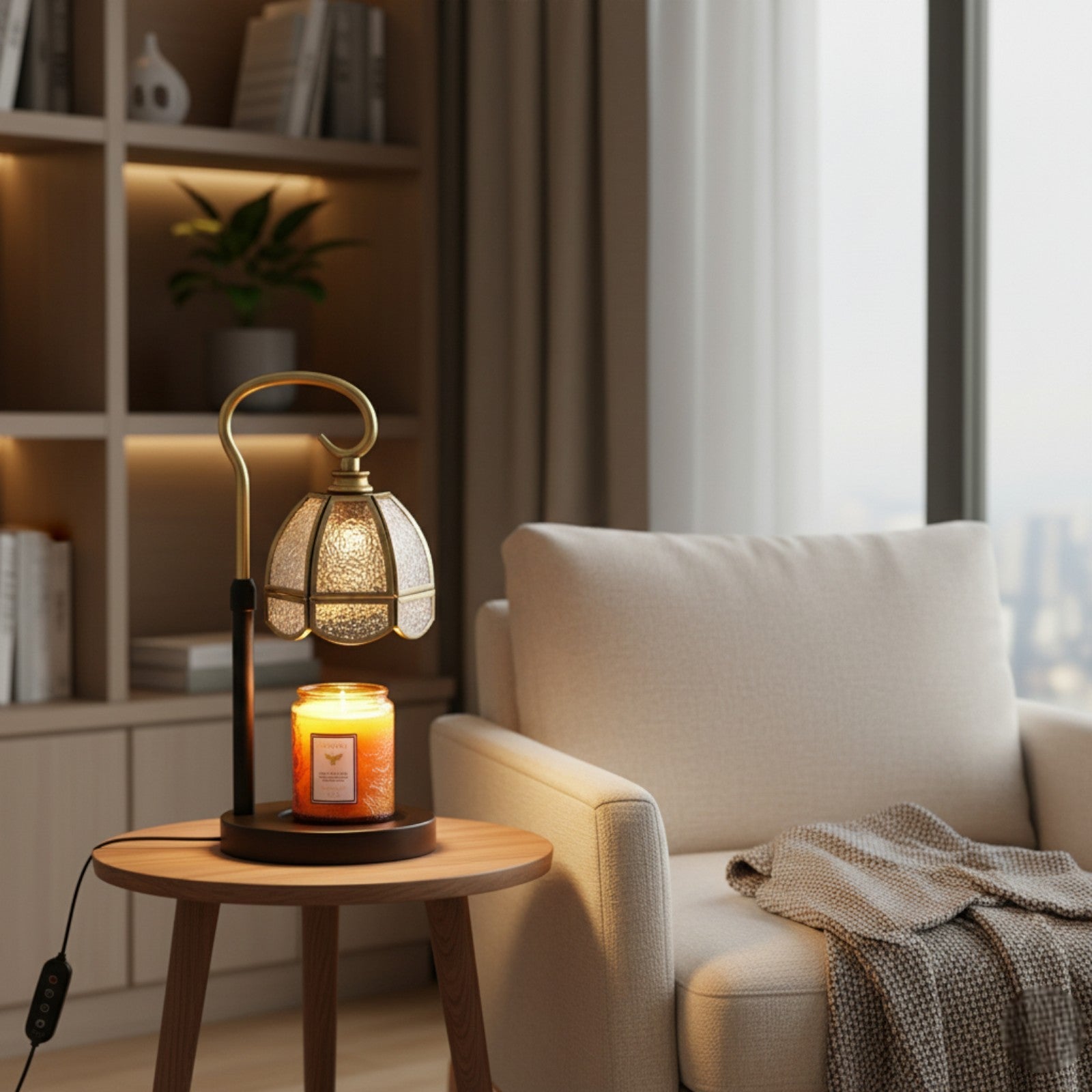 Decorative lamp with candle on a side table next to a cozy armchair in a living room.