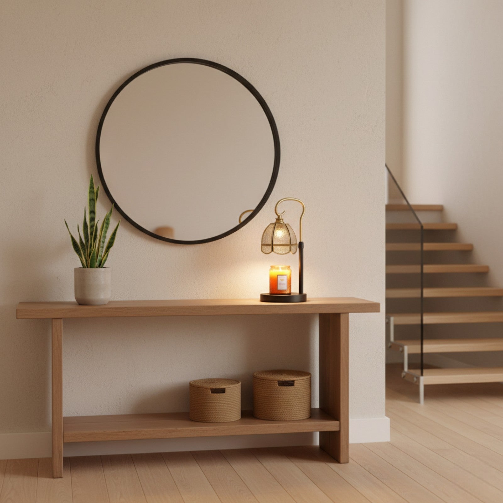 Wooden console table with a mirror, plant, and decorative items in a home setting.