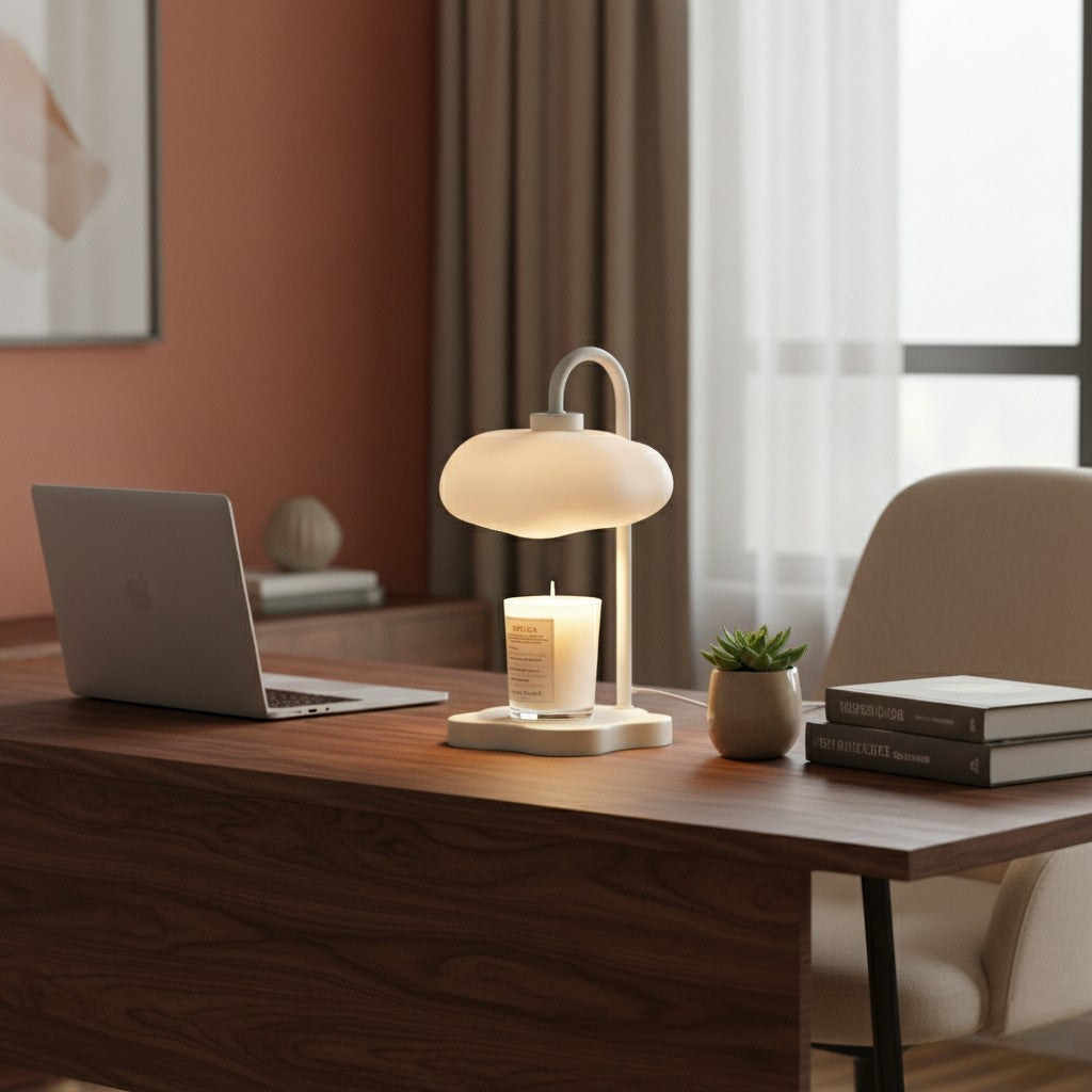 Modern desk setup with a laptop, lamp, candle, and books in a cozy room.