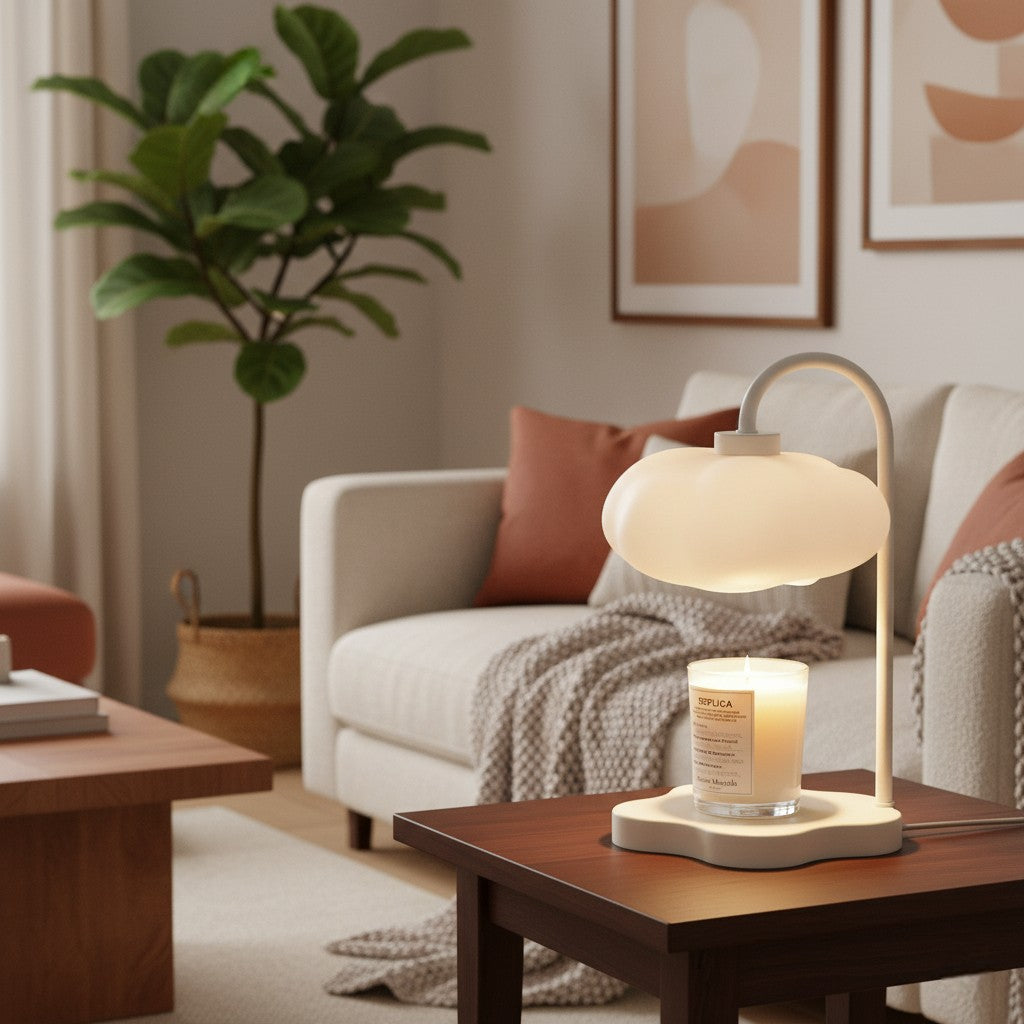 Living room with a lamp, candle, and couch in a cozy setting