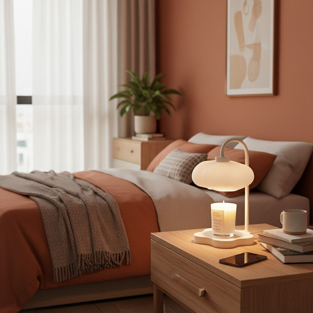 Cozy bedroom with a bed, nightstand, and lamp.