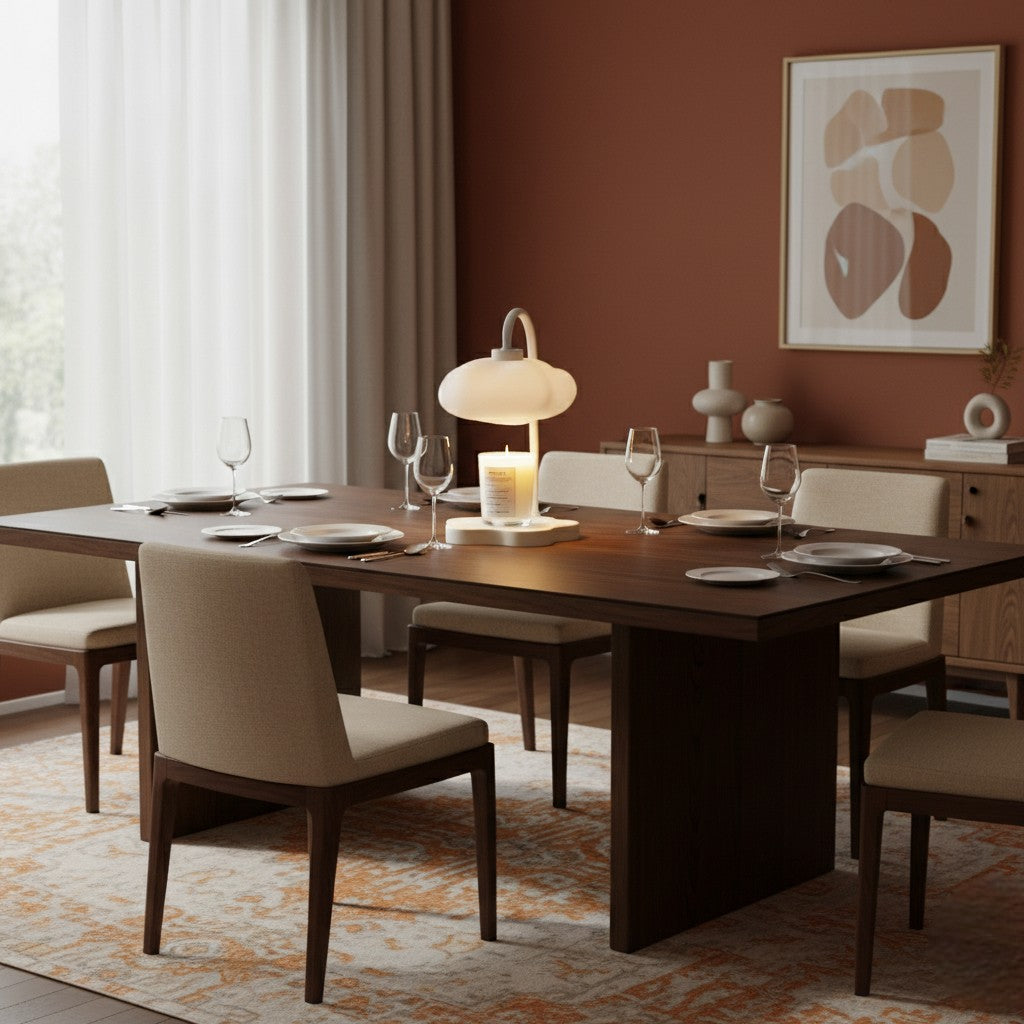 Dining room with a wooden table and chairs, candles, and decorative items.