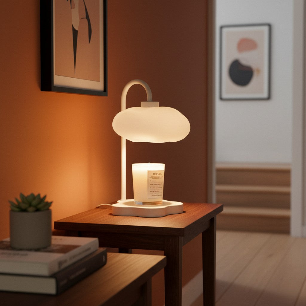 Table lamp with a candle on a wooden table in a cozy room setting.
