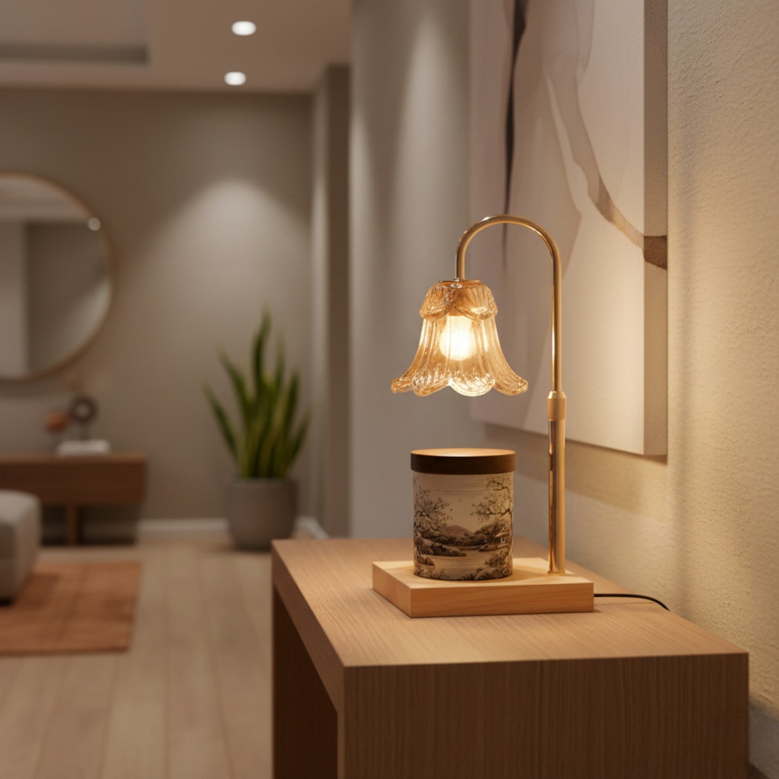 Decorative table lamp with a glass shade on a wooden surface in a softly blurred room setting.