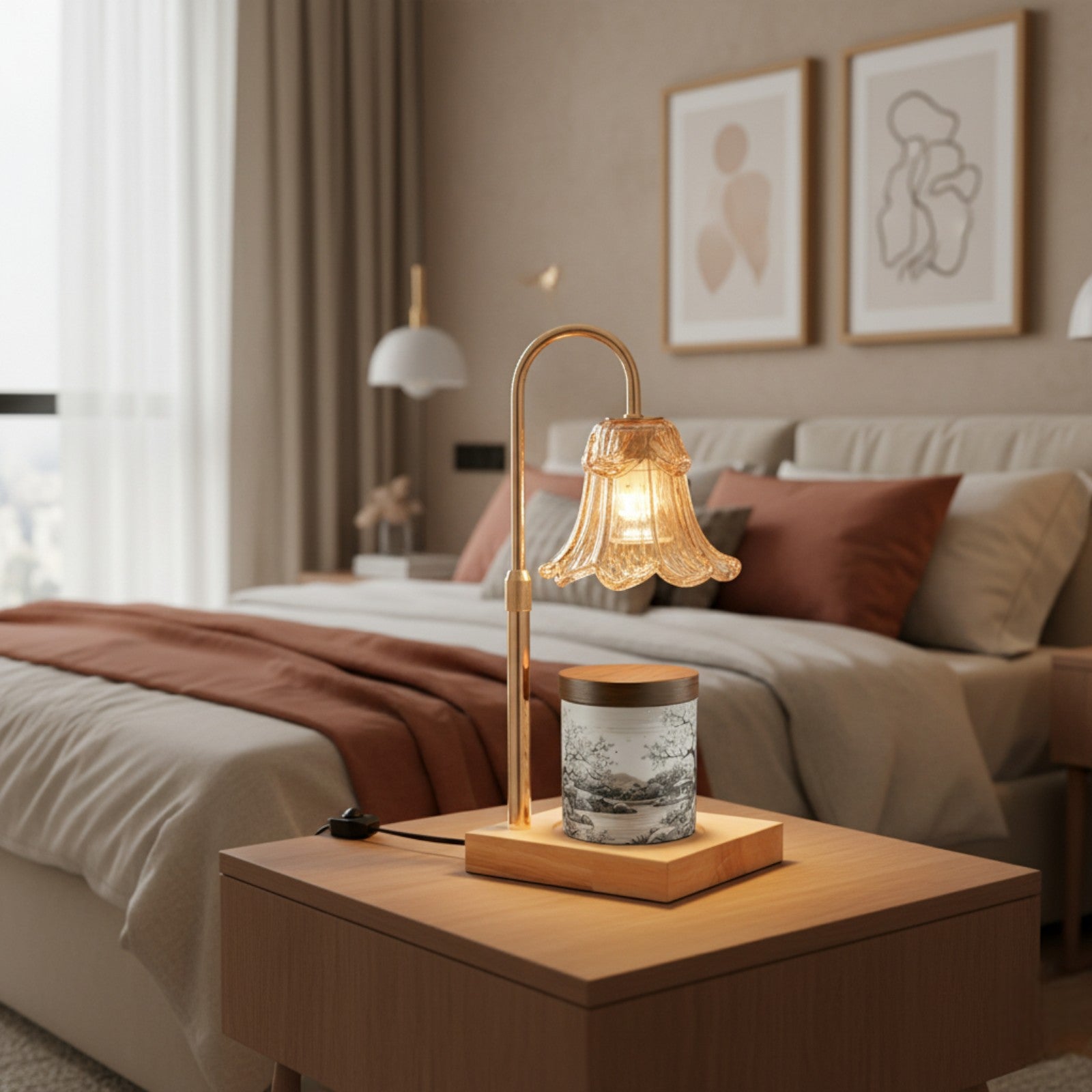 Decorative lamp on a wooden side table in a bedroom setting
