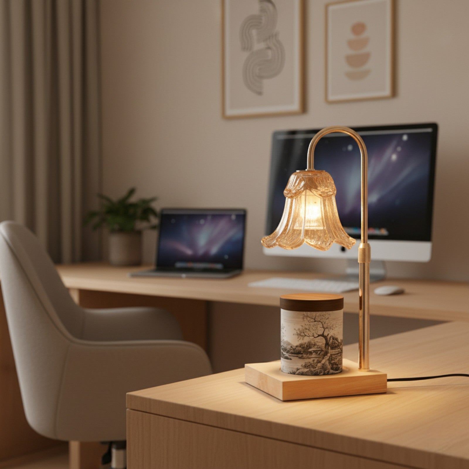 Desk setup with a lamp, laptop, and computer monitor in a home office setting.