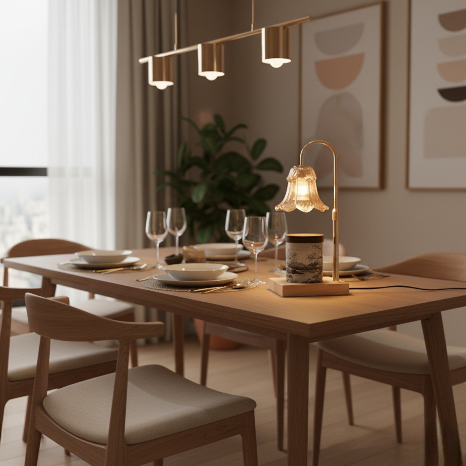 Dining room with wooden table, chairs, and decorative elements.