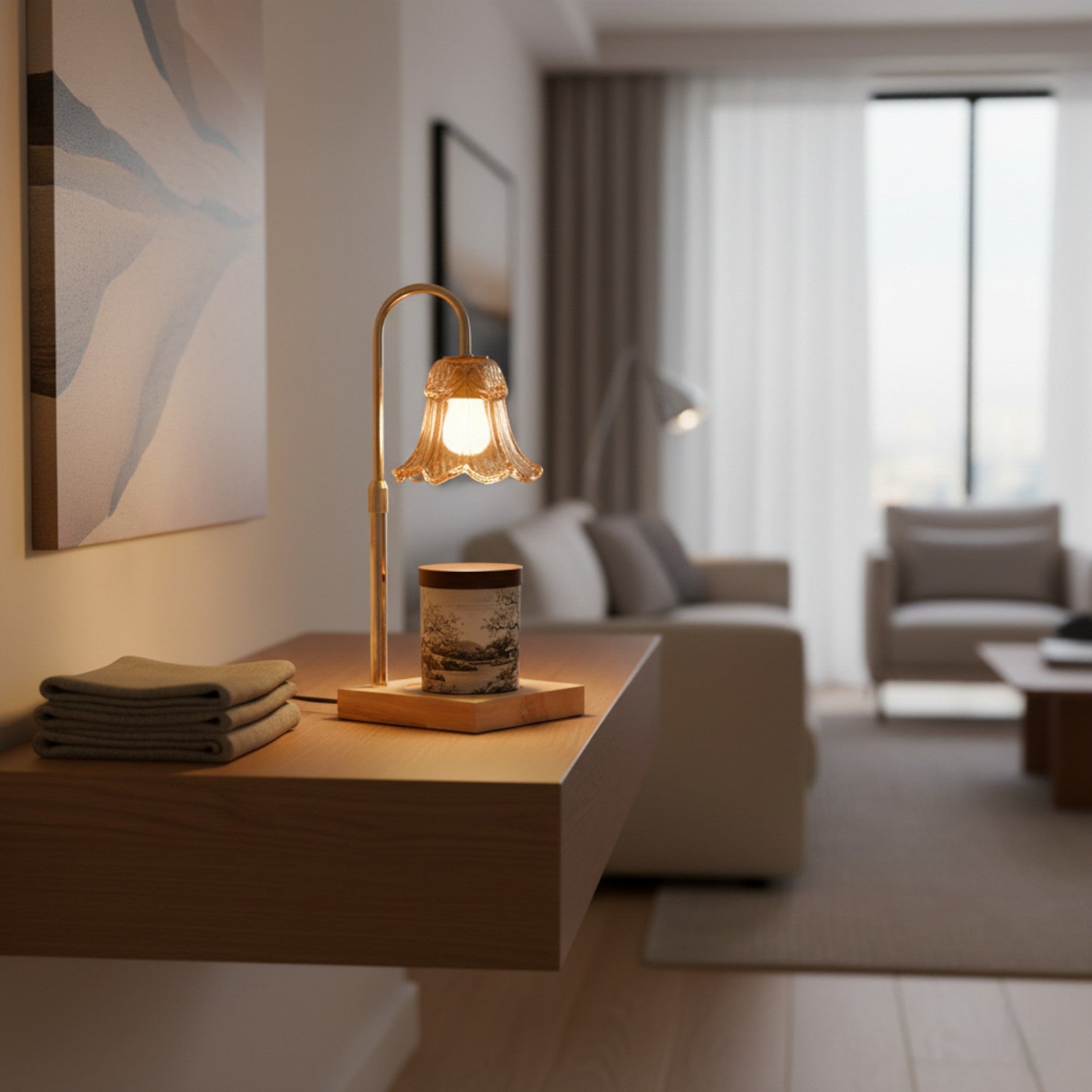 Table lamp on a wooden surface in a living room setting