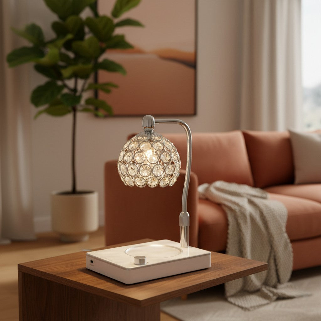 Decorative table lamp on a wooden side table in a living room setting.