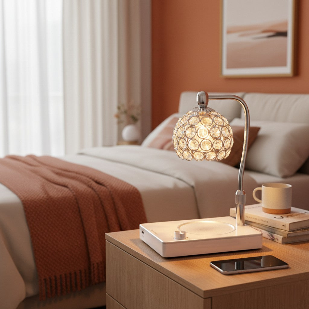 Modern nightstand with decorative lamp, smartphone, and mug in a bedroom setting.
