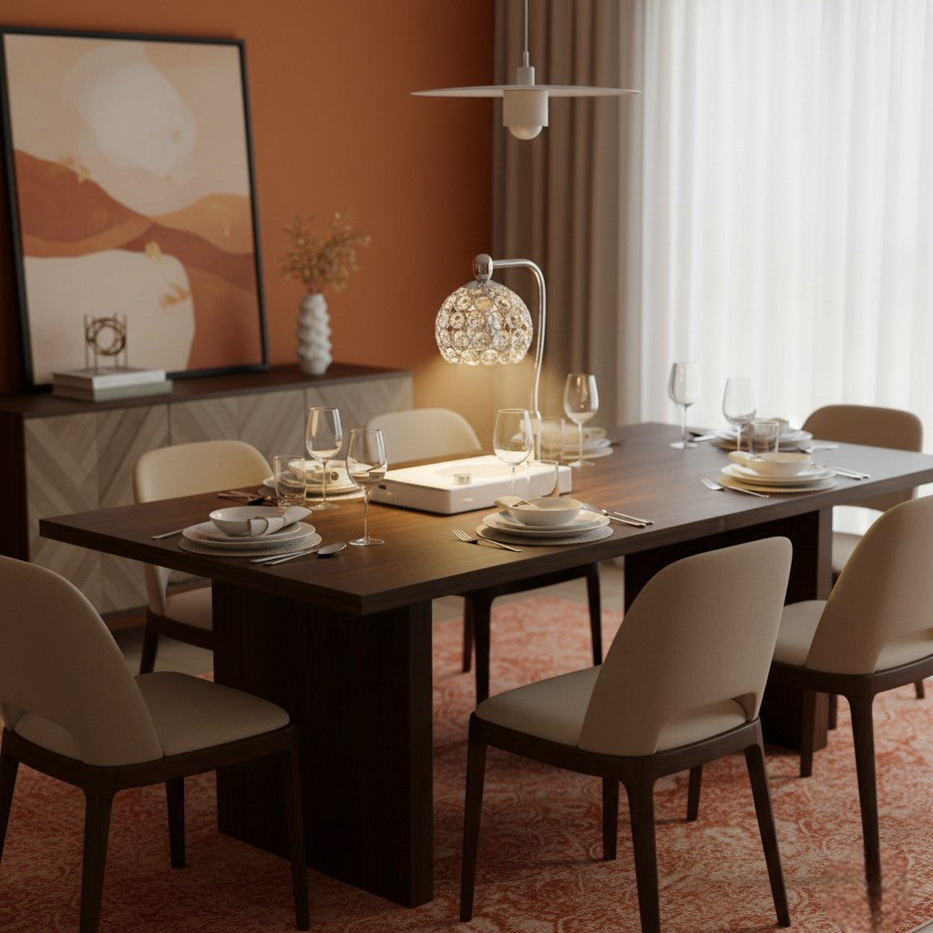 Dining room with a long table set for dinner, chairs, and decor.
