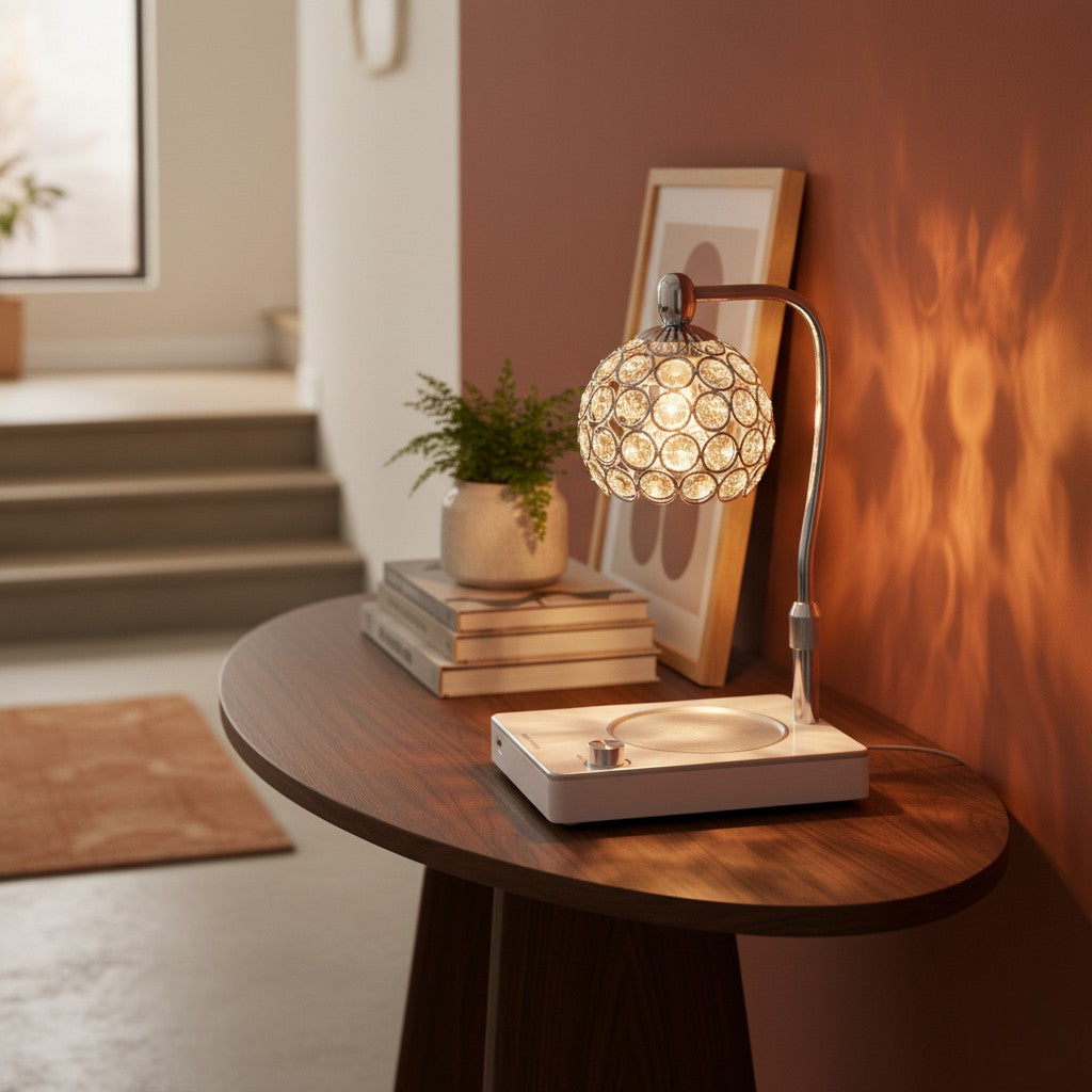 Decorative table lamp on a wooden side table with books and a plant in a home setting.
