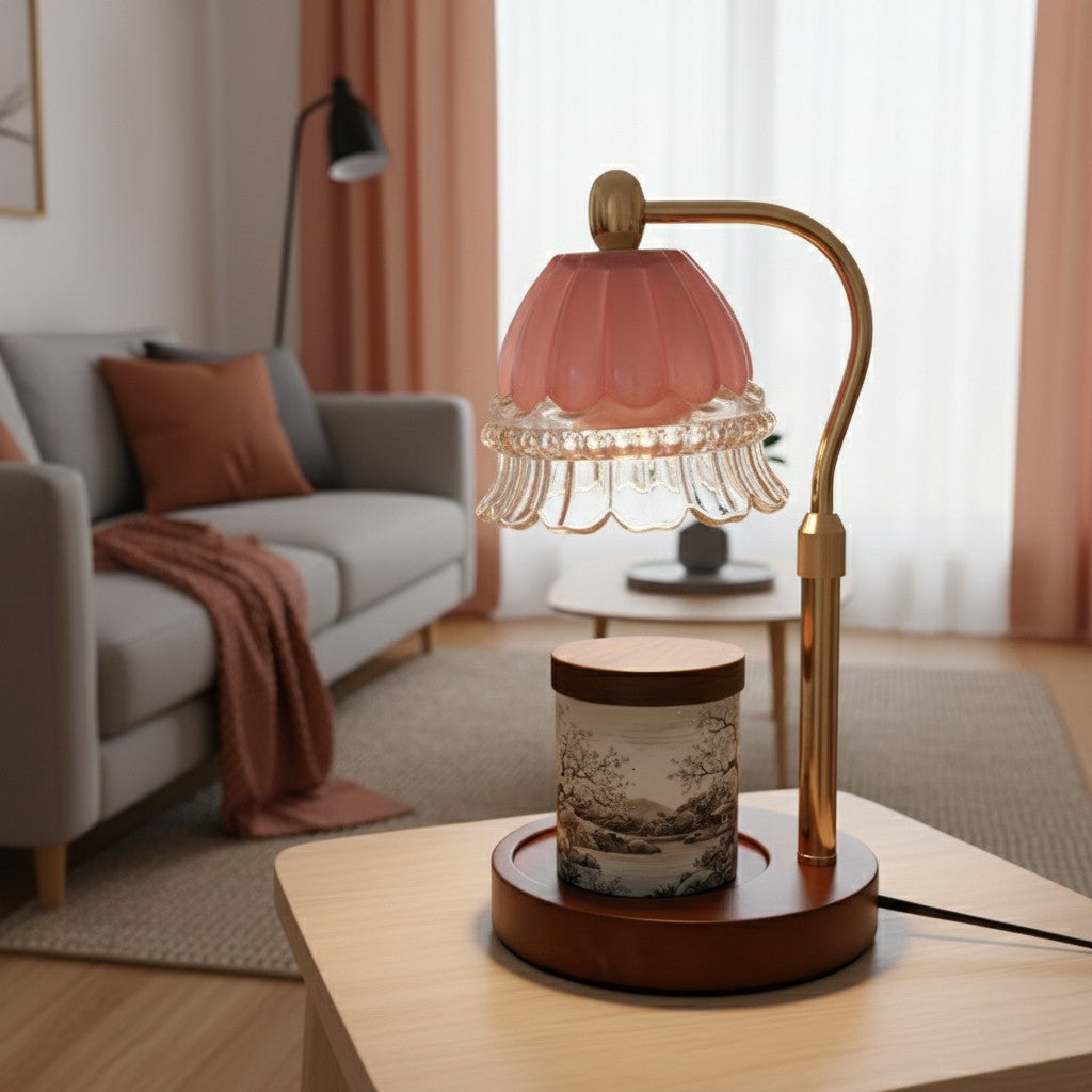 Decorative table lamp with pink shade on a wooden base in a living room setting.