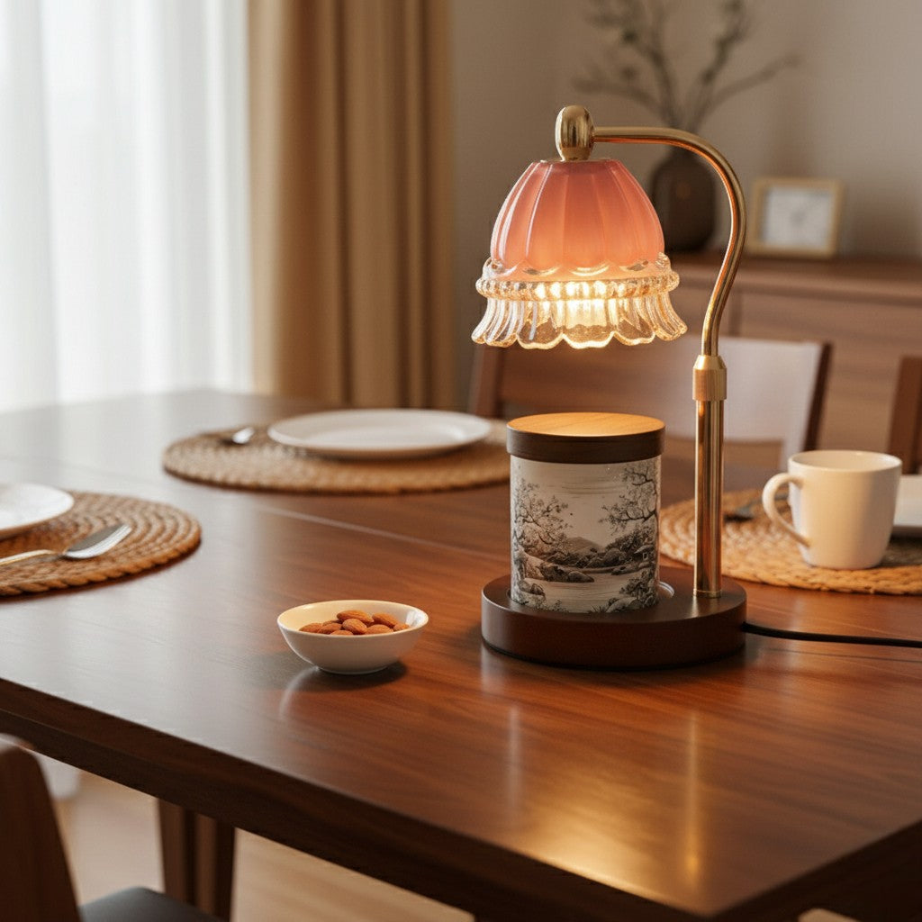Decorative table lamp with a warm glow on a wooden table in a cozy room.