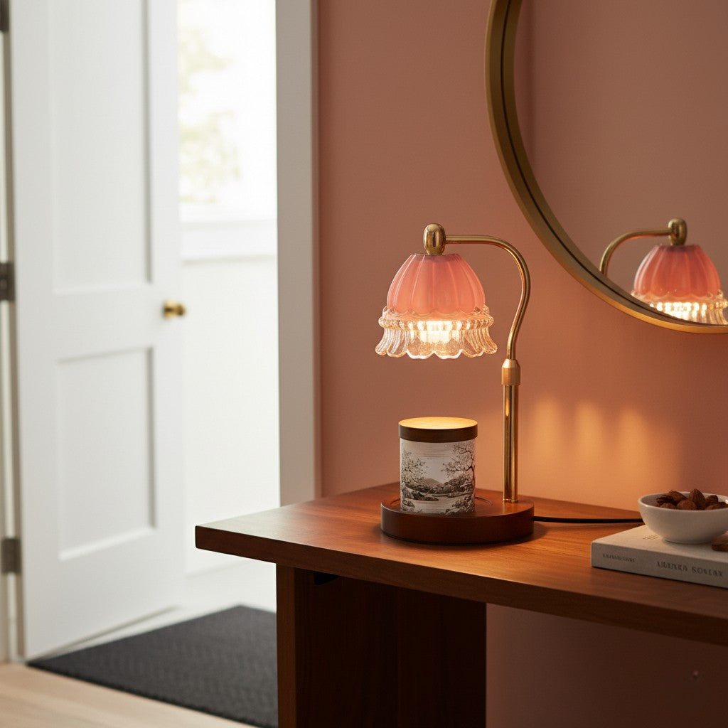 Table lamp with a pink glass shade on a wooden table next to a mirror.