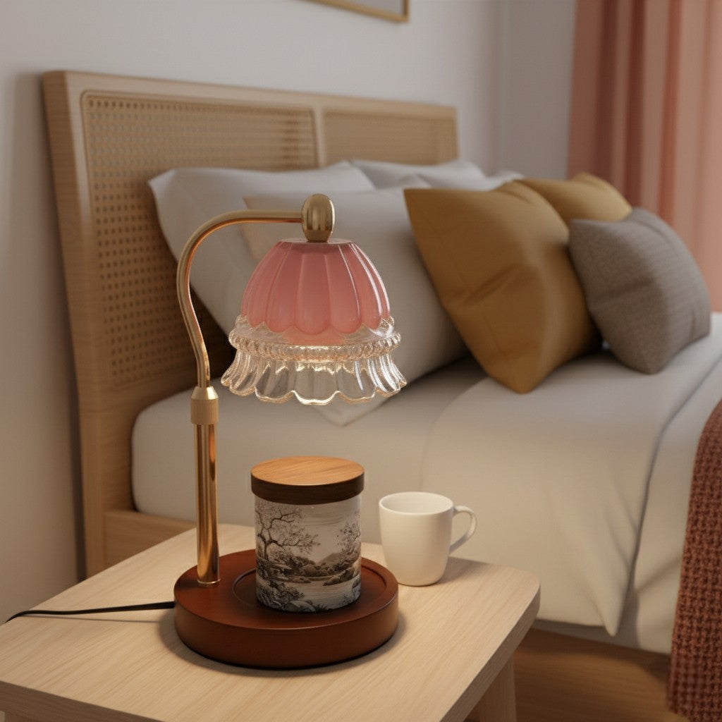 Pink lamp on a nightstand next to a bed with pillows
