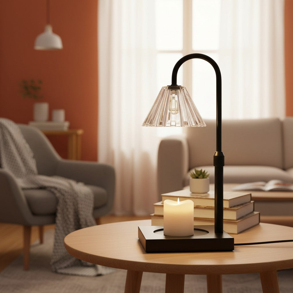 Modern table lamp with a candle on a wooden table in a cozy living room.