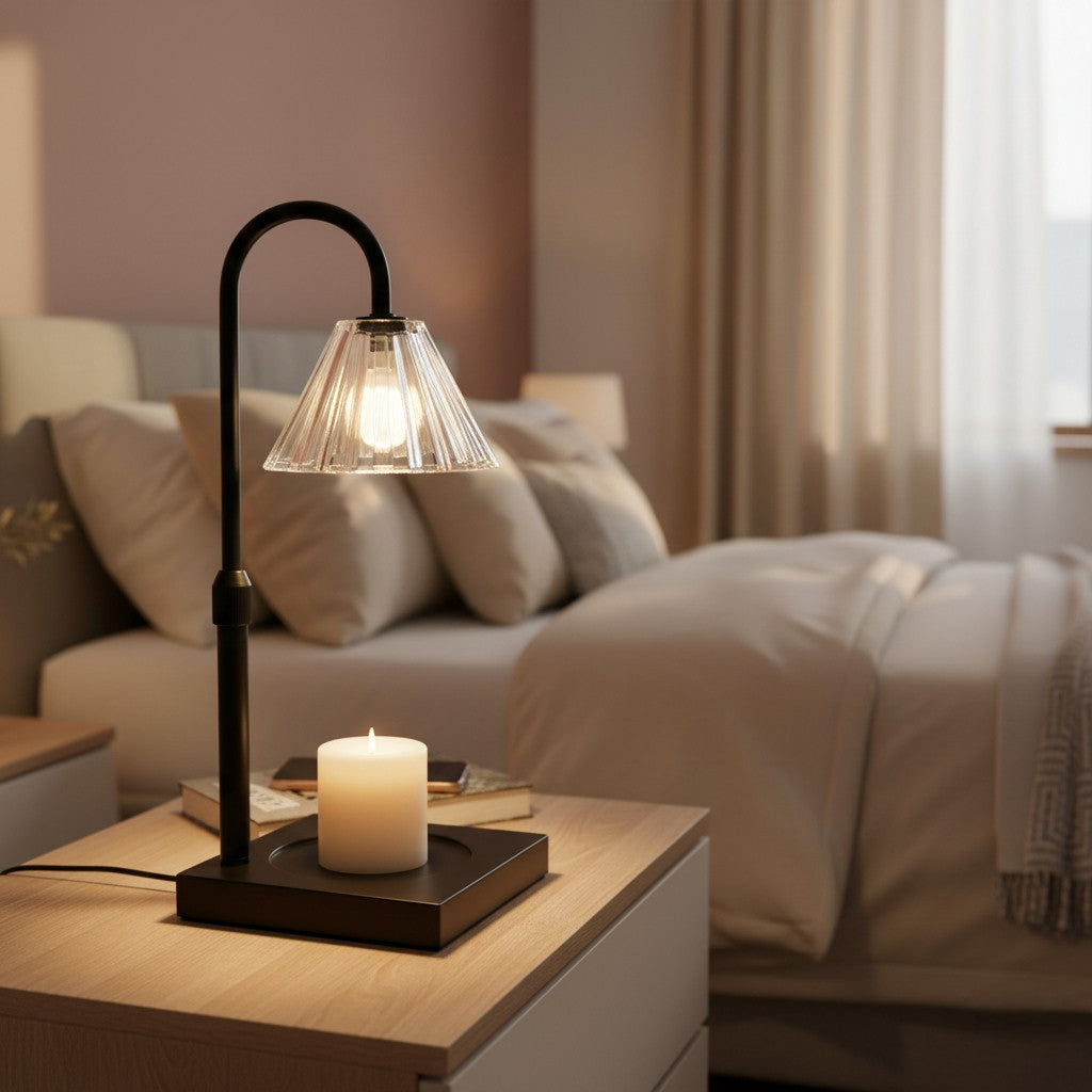 Table lamp with a candle on a nightstand in a cozy bedroom setting