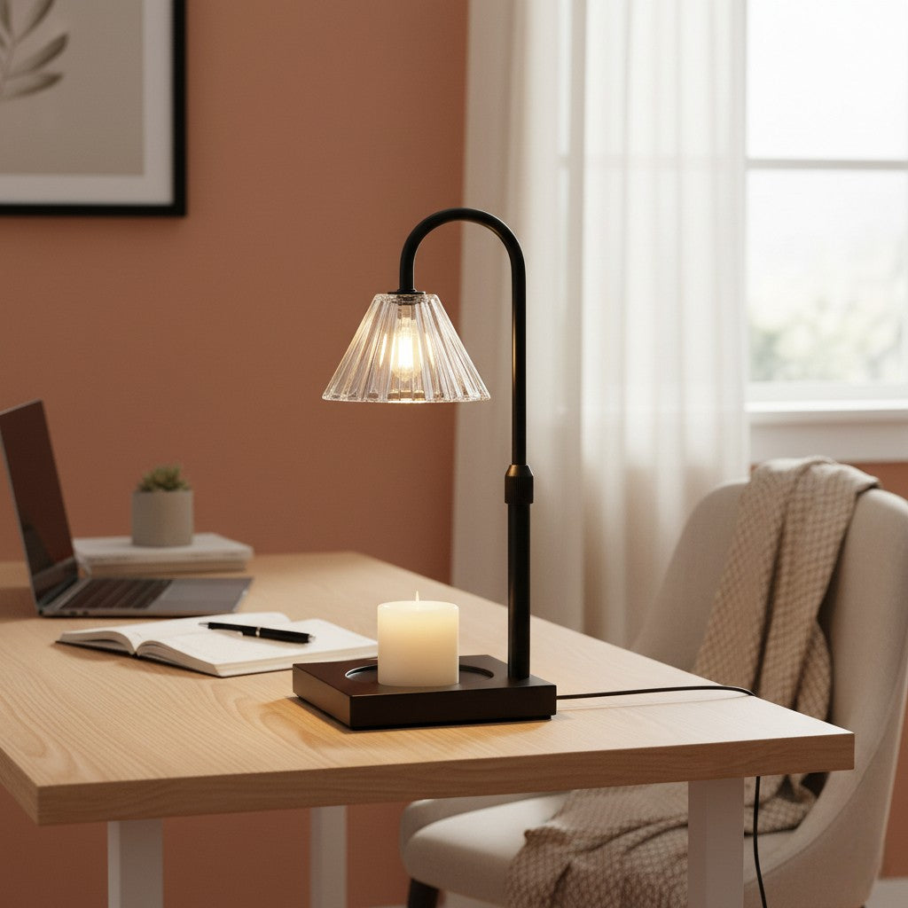 Desk with a lamp, candle, and books in a cozy room.