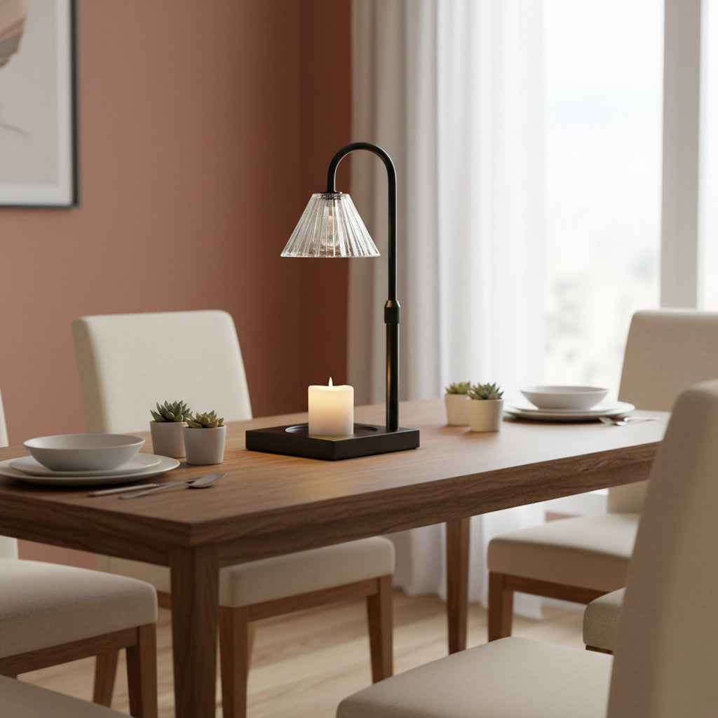 Dining table with a lamp, candles, and plates in a room with a window and wall art.