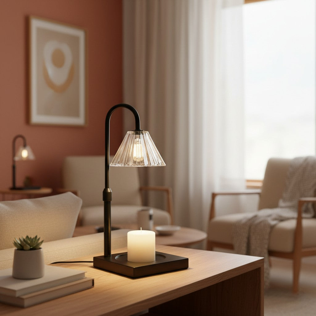 Decorative table lamp with a candle on a wooden surface in a cozy living room.