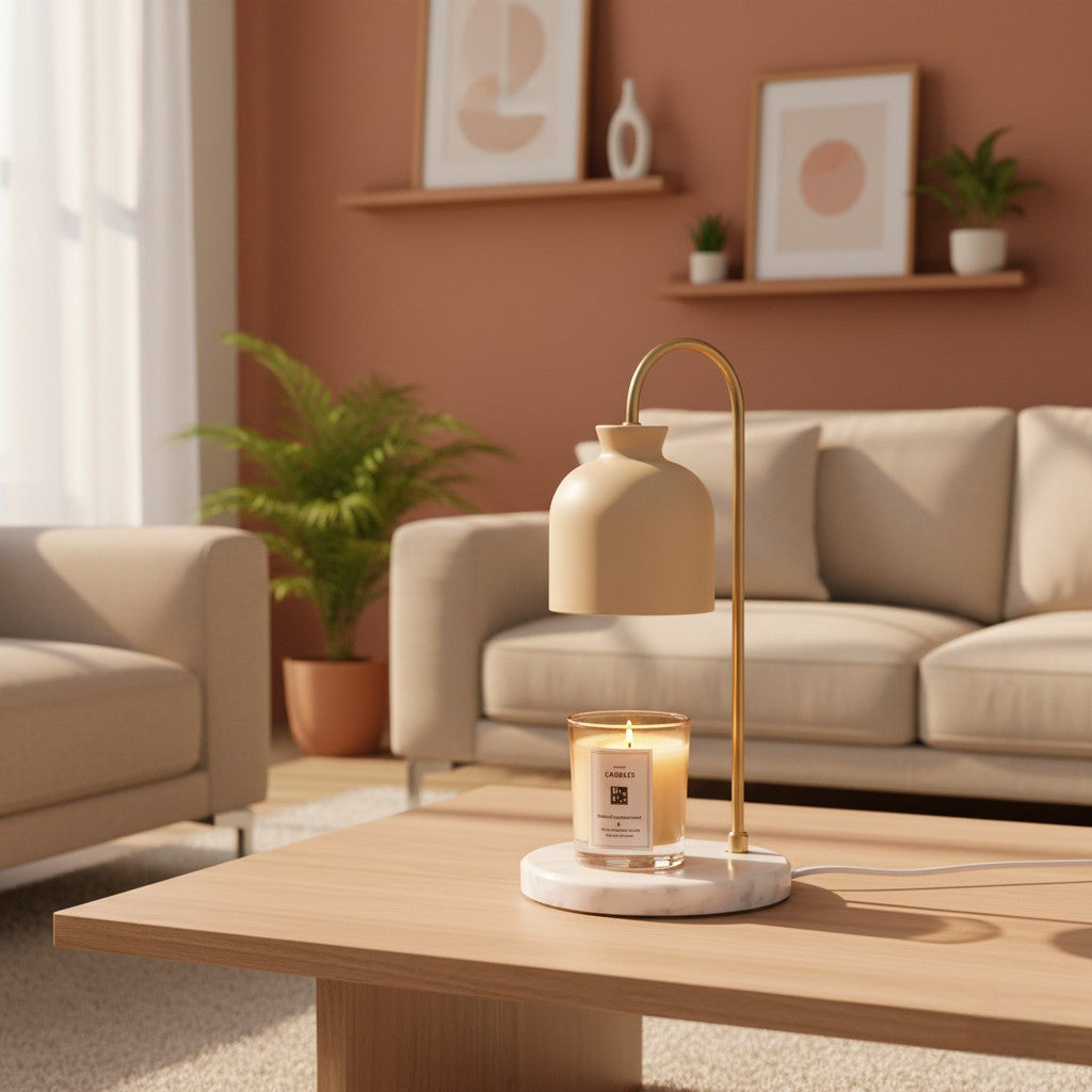 Living room with a beige sofa, coffee table, and decorative lamp.