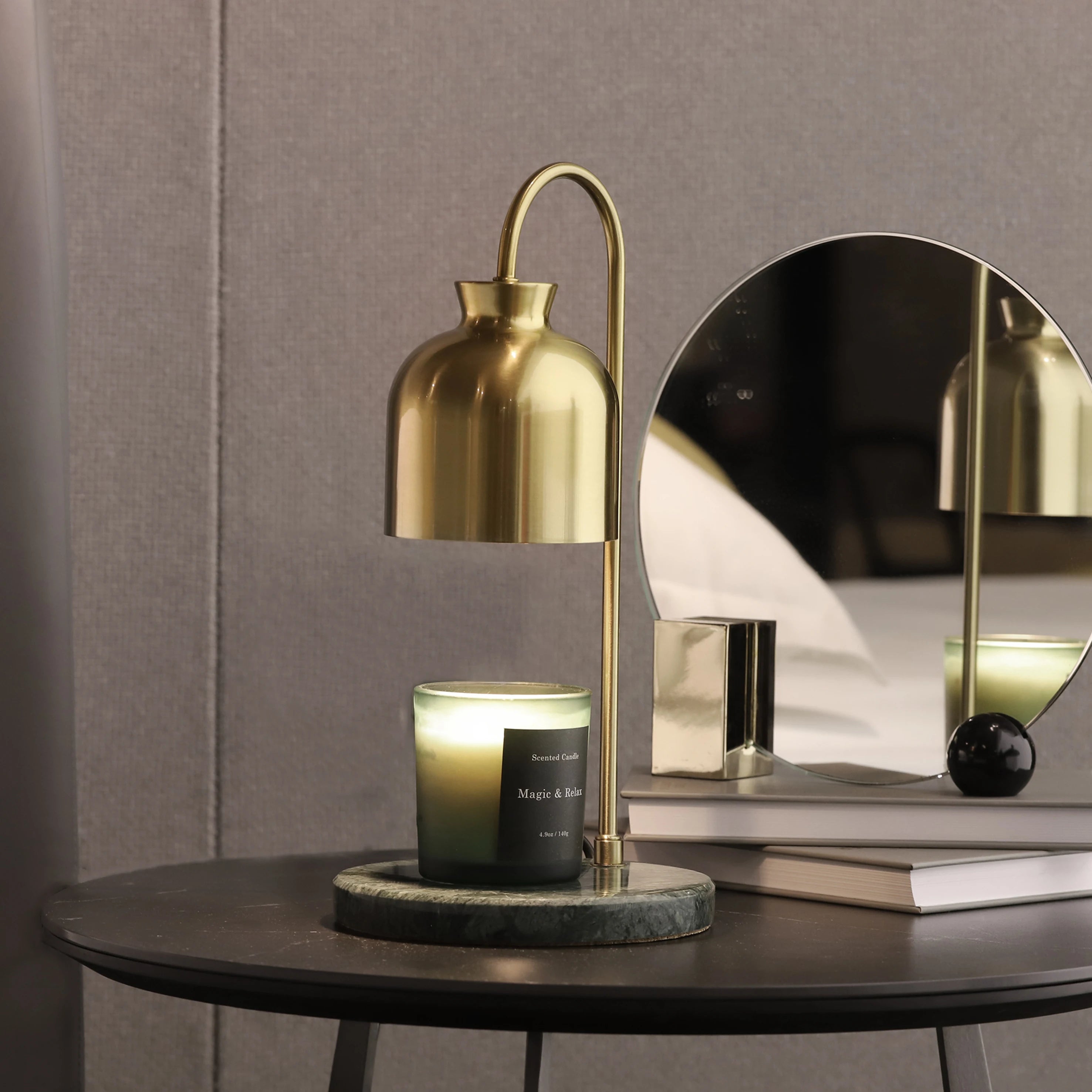 gold lamp on the table