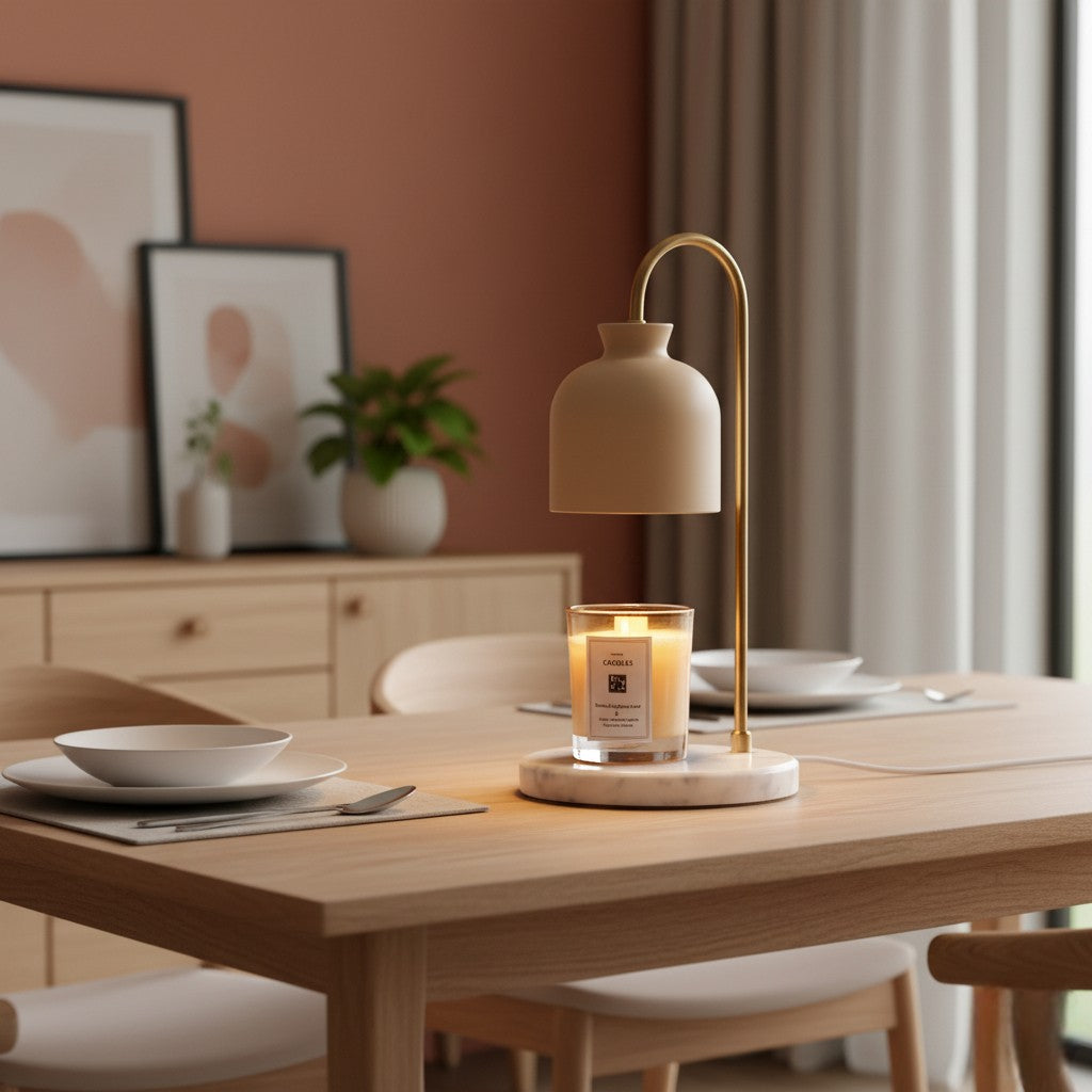 Beige table lamp with a candle on a wooden dining table in a cozy room.