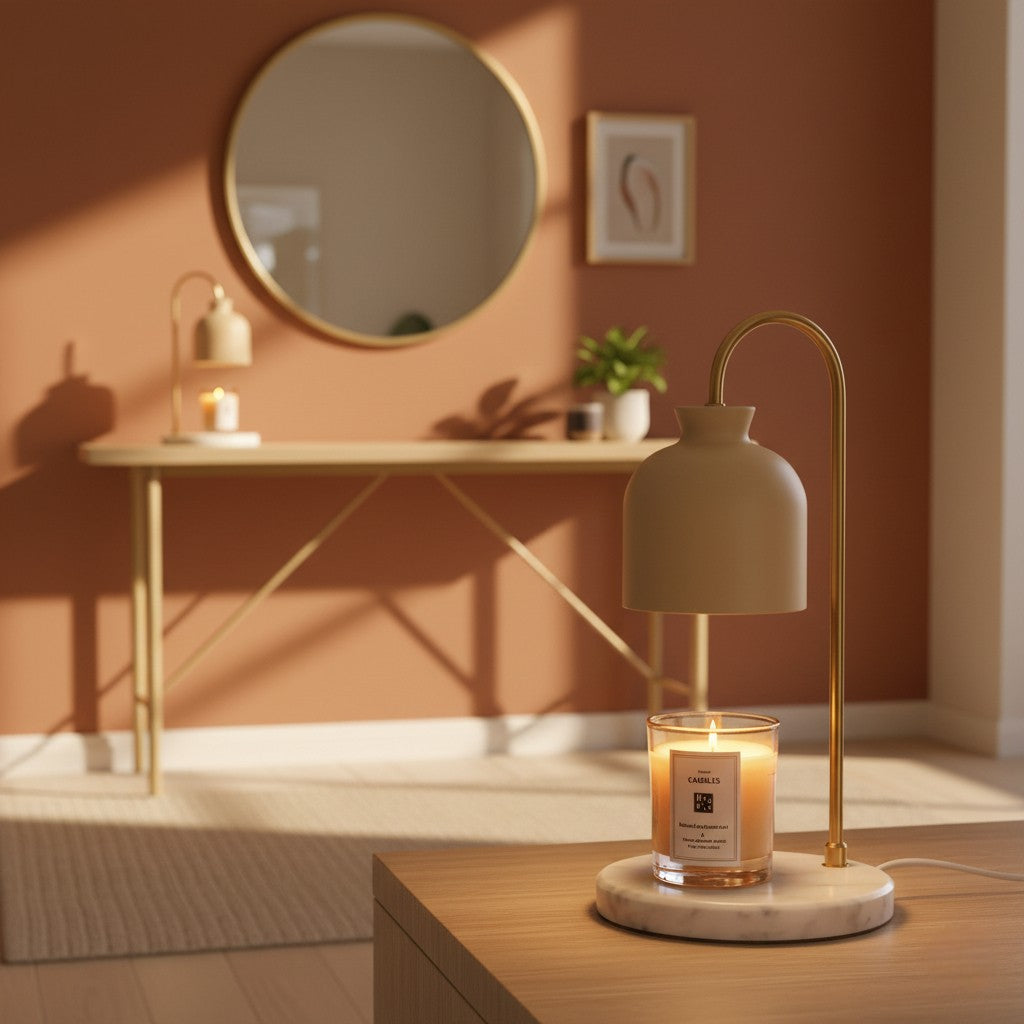 Candle on a marble base with a gold lamp in a room with a mirror and table.