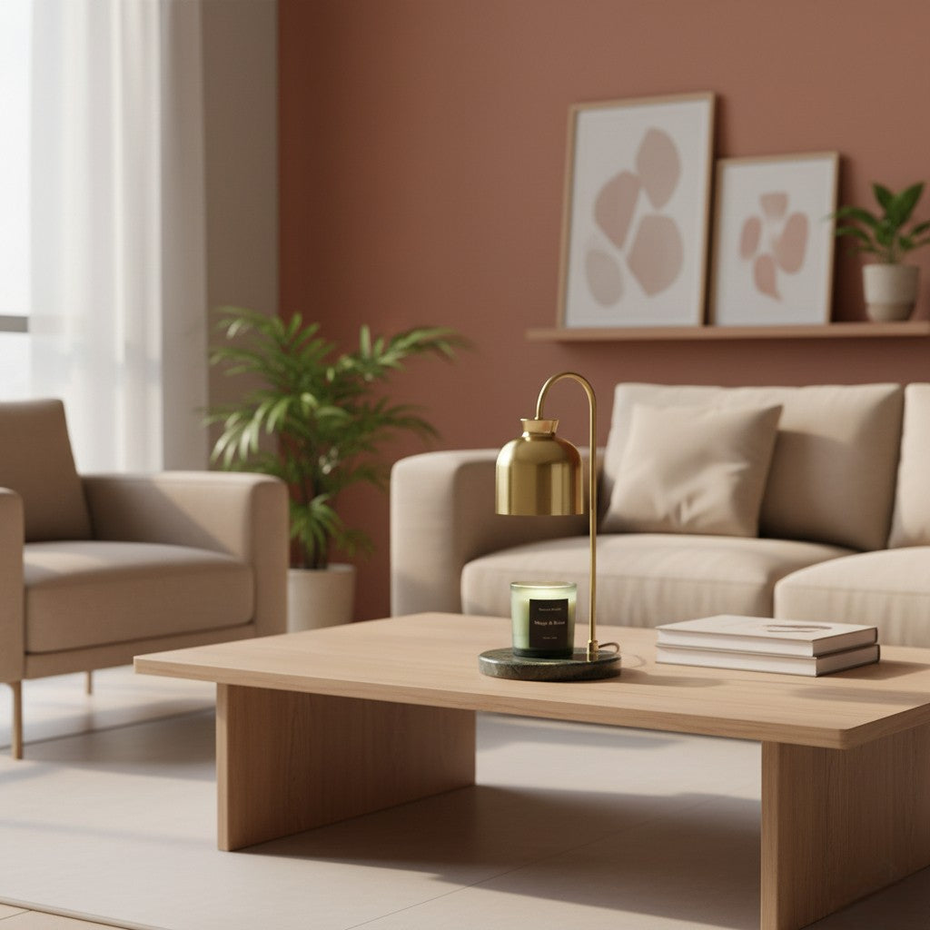 Modern living room with beige sofa, armchair, wooden coffee table, and decorative elements.