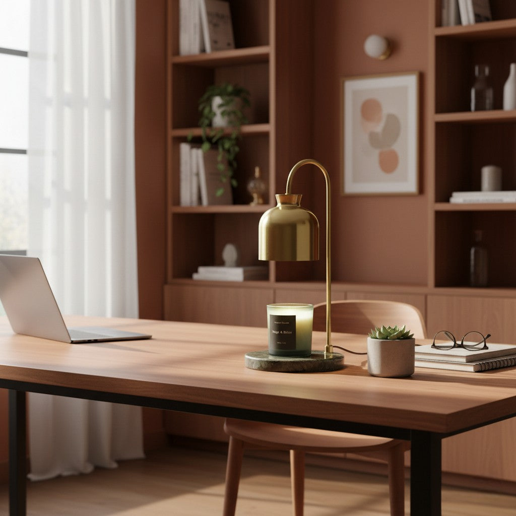 Modern home office with wooden desk, laptop, lamp, and decor.