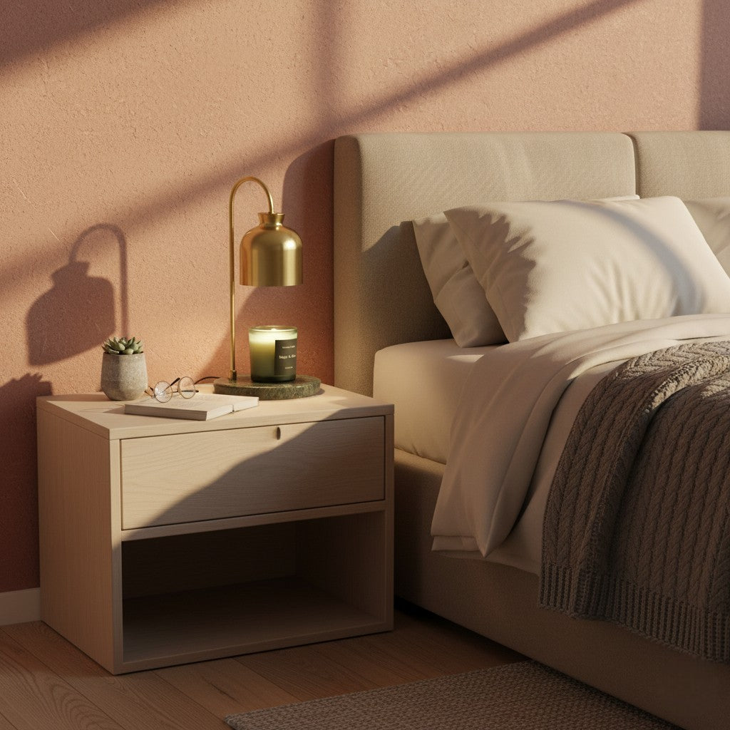 Bedroom with a nightstand and lamp casting shadows on a wall.