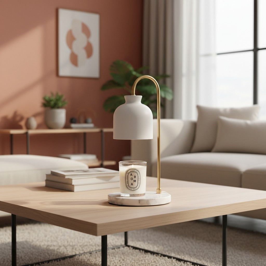 Modern living room with a coffee table featuring a lamp, books, and a candle.