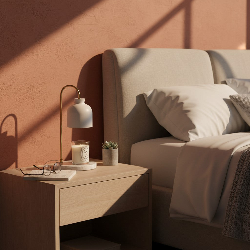 Neatly made bed with a side table featuring a lamp, candle, and glasses in a warm-toned room.