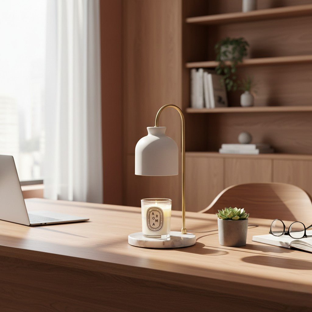 Modern desk setup with a lamp, candle, and laptop in a cozy room.