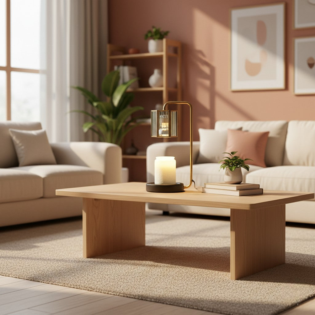 Modern living room with a wooden coffee table, candles, and decorative items.