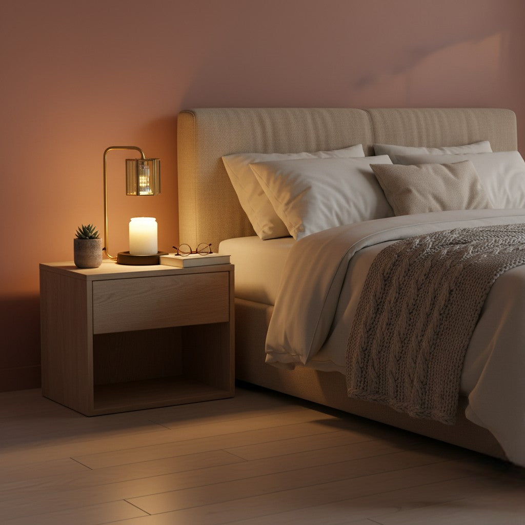 Cozy bedroom with a bed and nightstand featuring a lamp and candle.