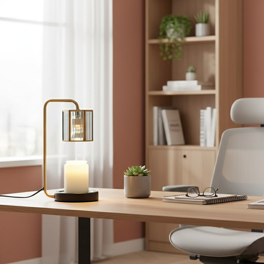 Modern office desk with a lamp, candle, and plant in a well-lit room.