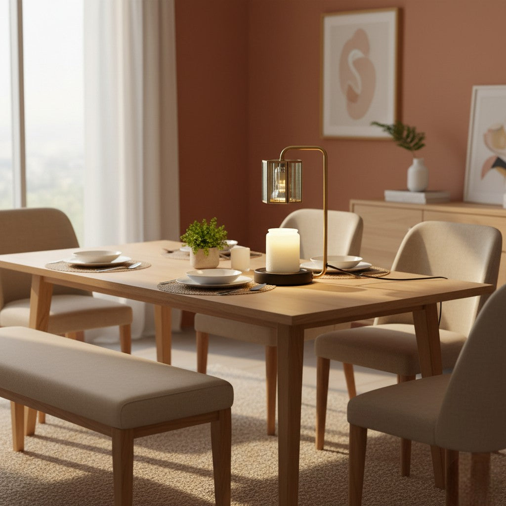 Dining room with wooden table, chairs, and decor elements.