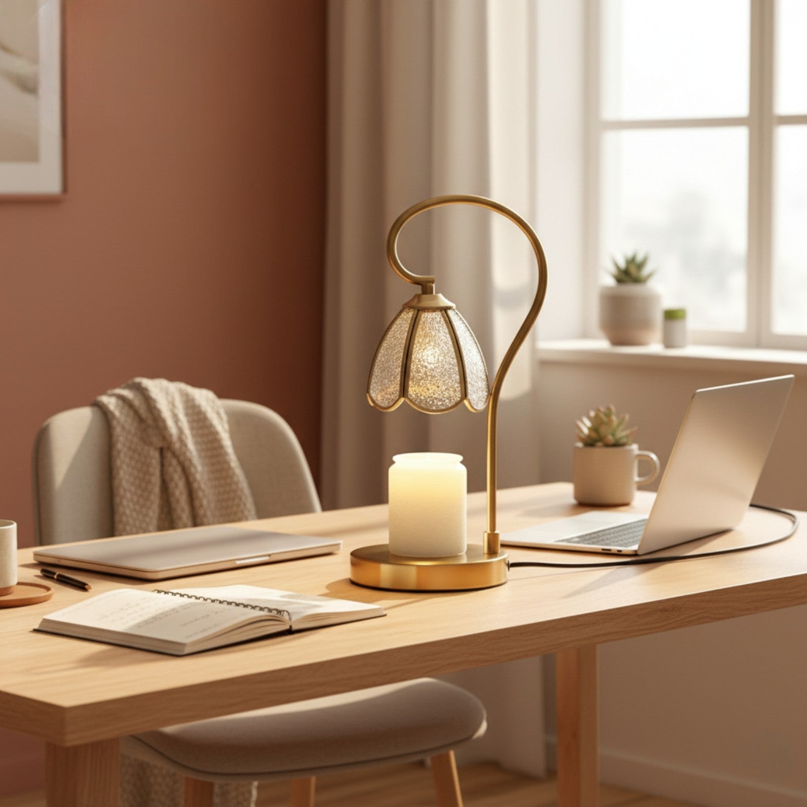Home office desk with a lamp, laptop, notebook, and candle in a cozy room.
