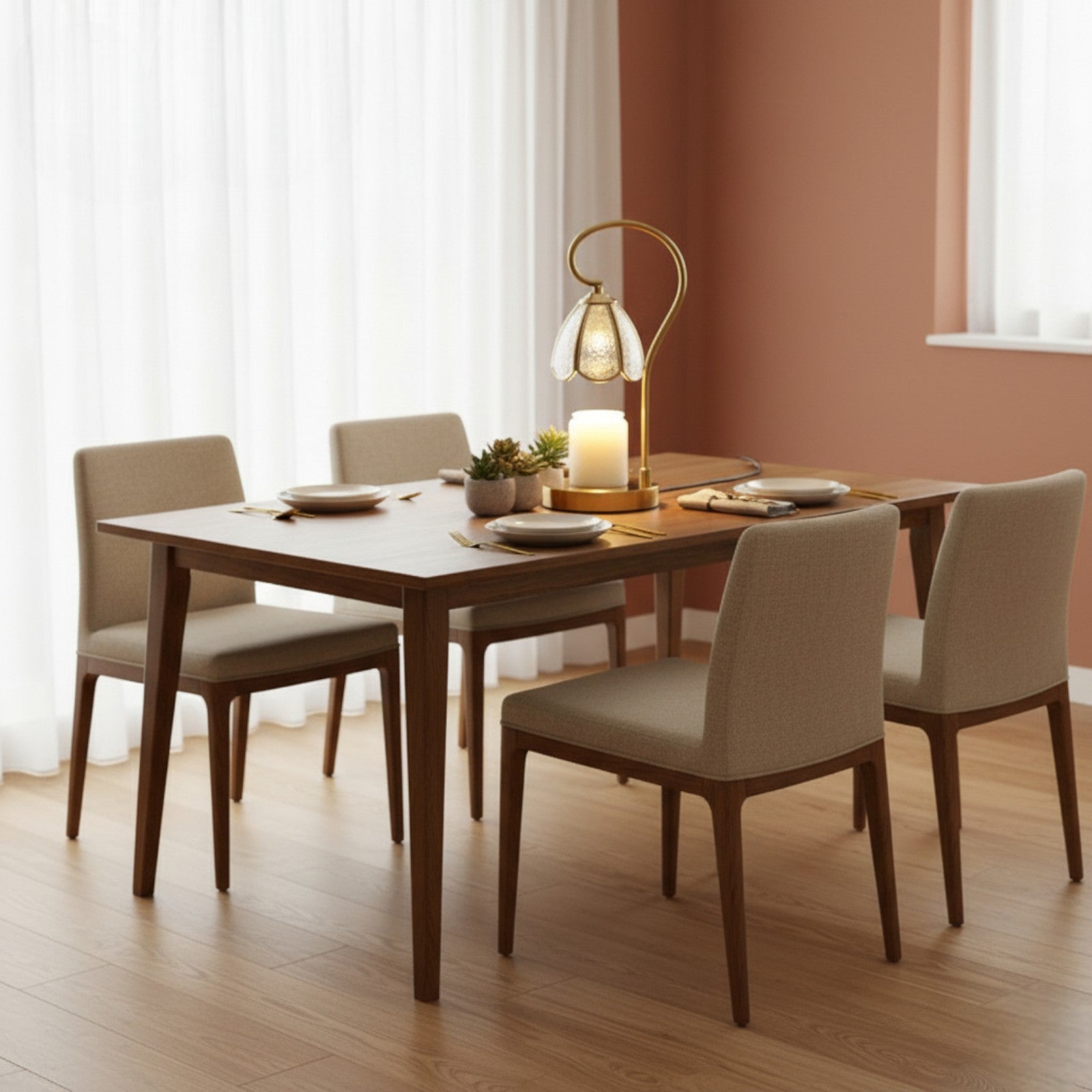 Dining room with wooden table and chairs, lamp, and candles on a wooden floor.